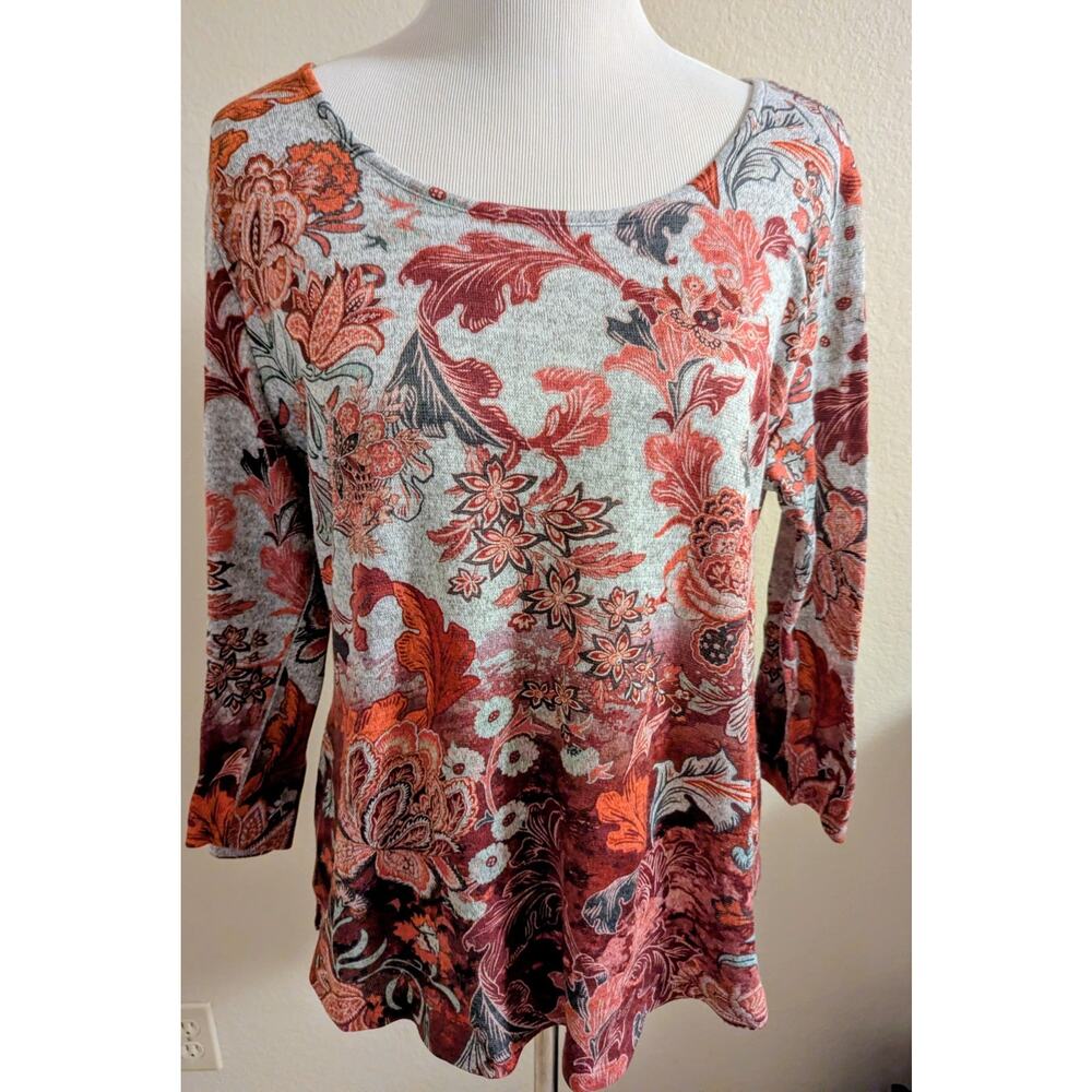 Energe Knit Tunic Blouse Scoop Neck 3/4 Sleeve Gray Red Orange Women’s Top